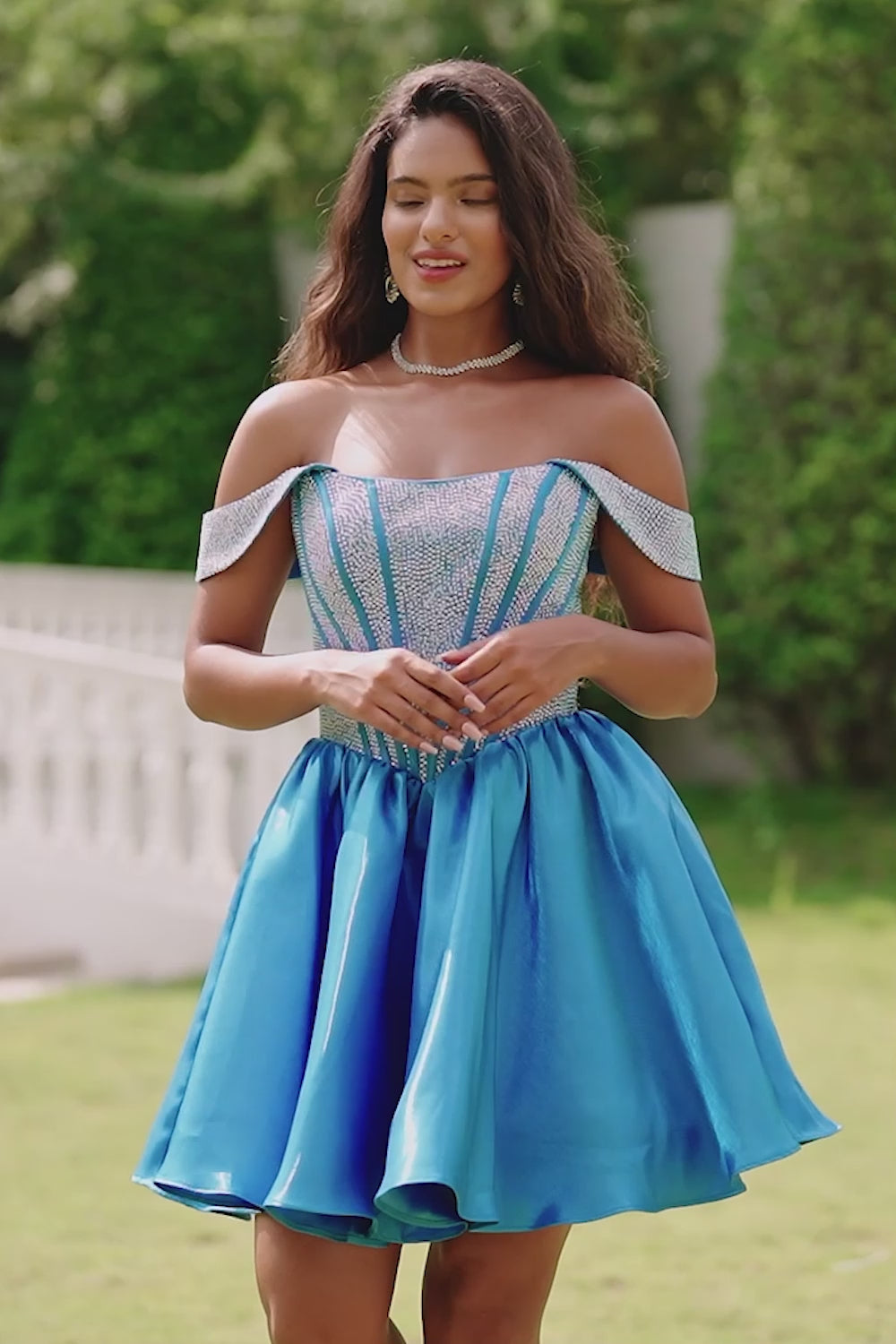 A Line Off The Shoulder Blue Beaded Homecoming Dress