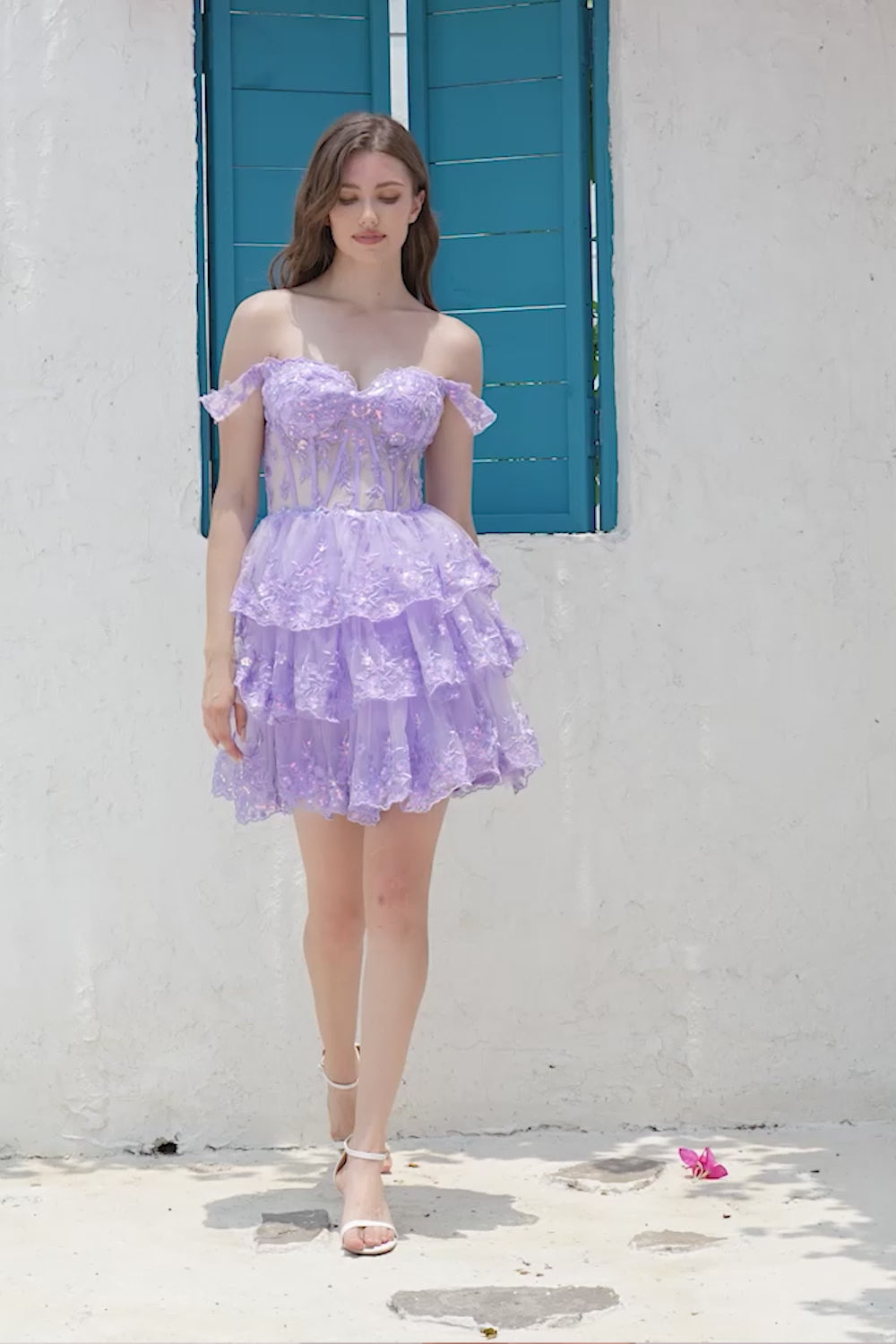 Off the Shoulder A Line Lavender Corset Tiered Homecoming Dress with Lace