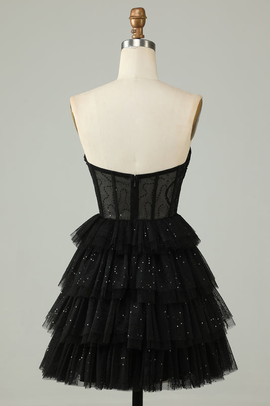 Black Corset Cute Tiered Sparkly Homecoming Dress with Ruffles