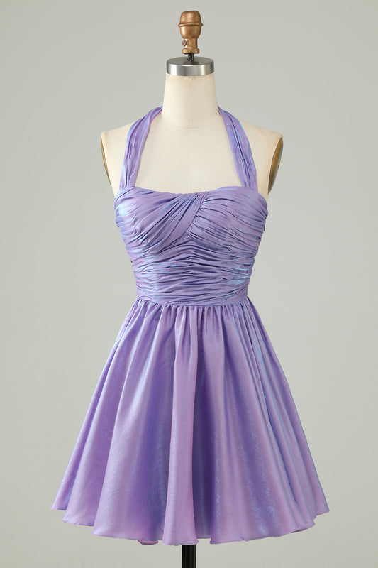 Purple A-Line Satin Halter Homecoming Dress with Pleated