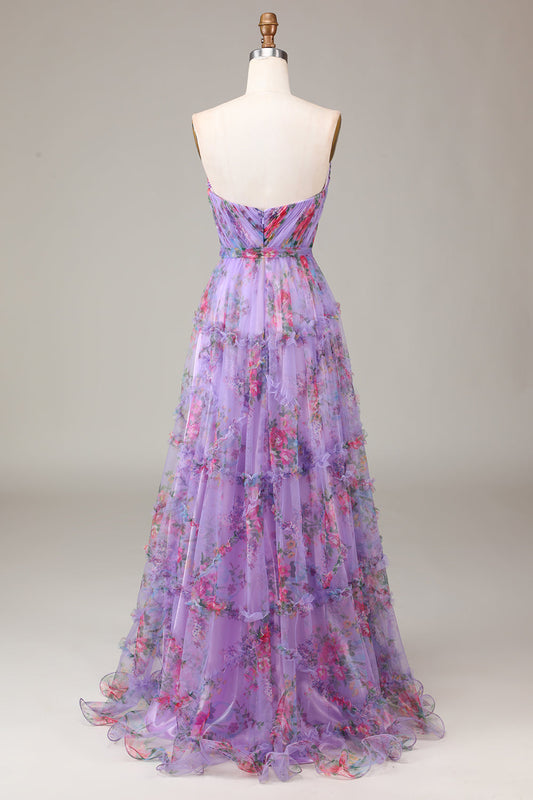 Purple Strapless A-line Floral Print Prom Dress