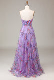 Purple Strapless A-line Floral Print Prom Dress