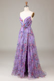 Purple Strapless A-line Floral Print Prom Dress