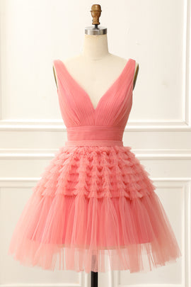 A Line Tulle V-neck Homecoming Dress with Ruffles