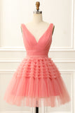 A Line Tulle V-neck Homecoming Dress with Ruffles