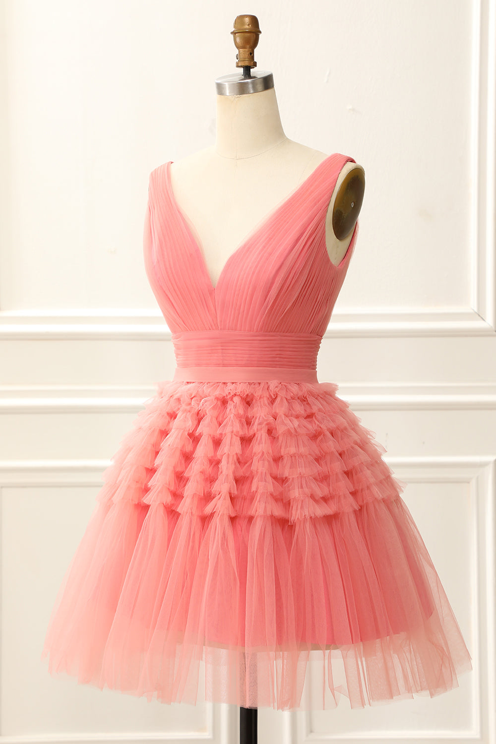 A Line Tulle V-neck Homecoming Dress with Ruffles