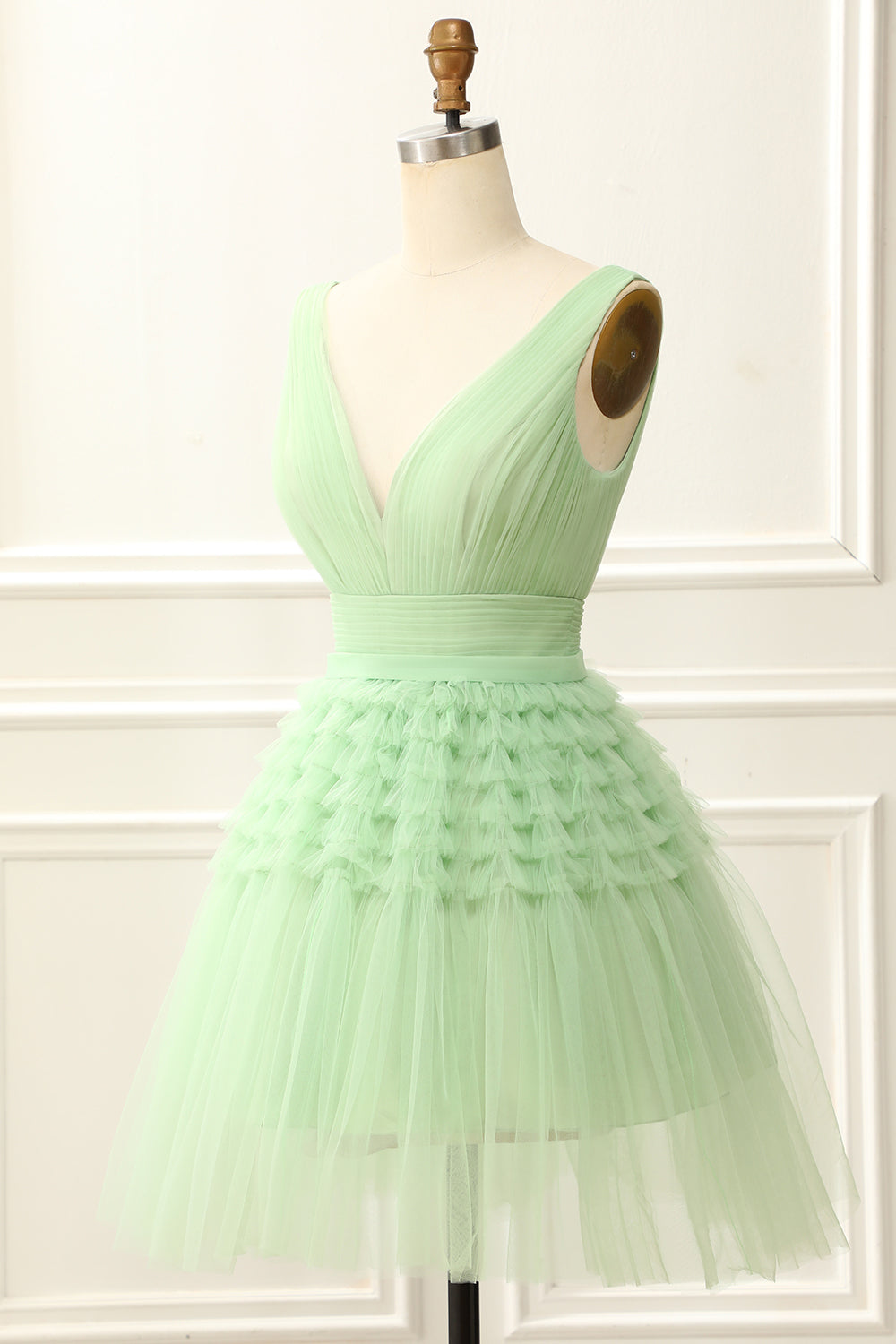 A Line Tulle V-neck Homecoming Dress with Ruffles