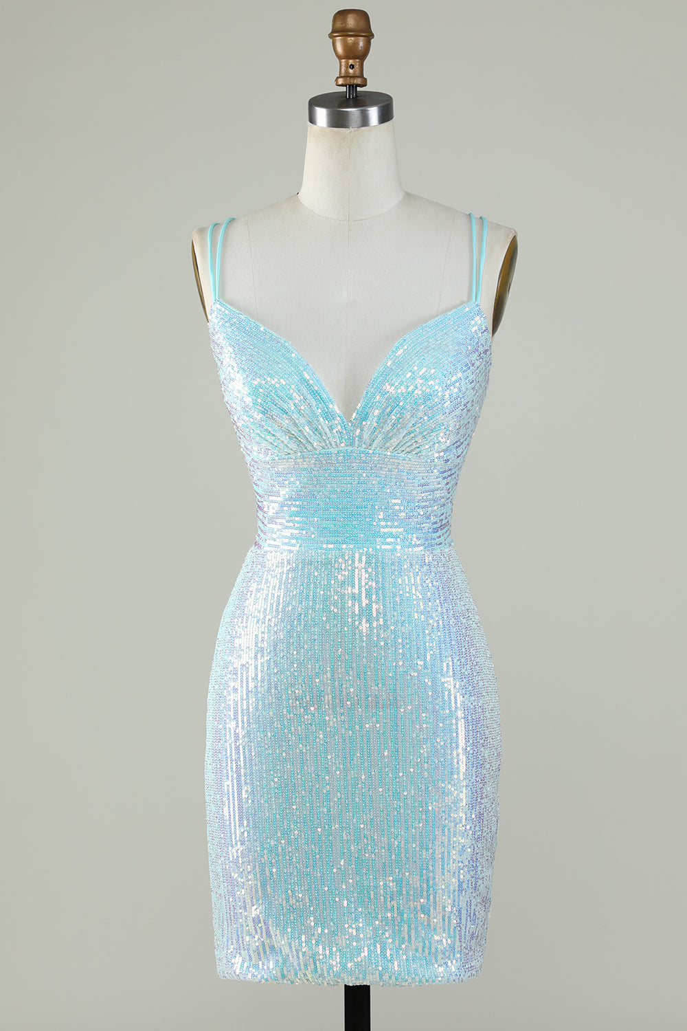 Light Blue Glitter Tight Homecoming Dress with Lace-up Back