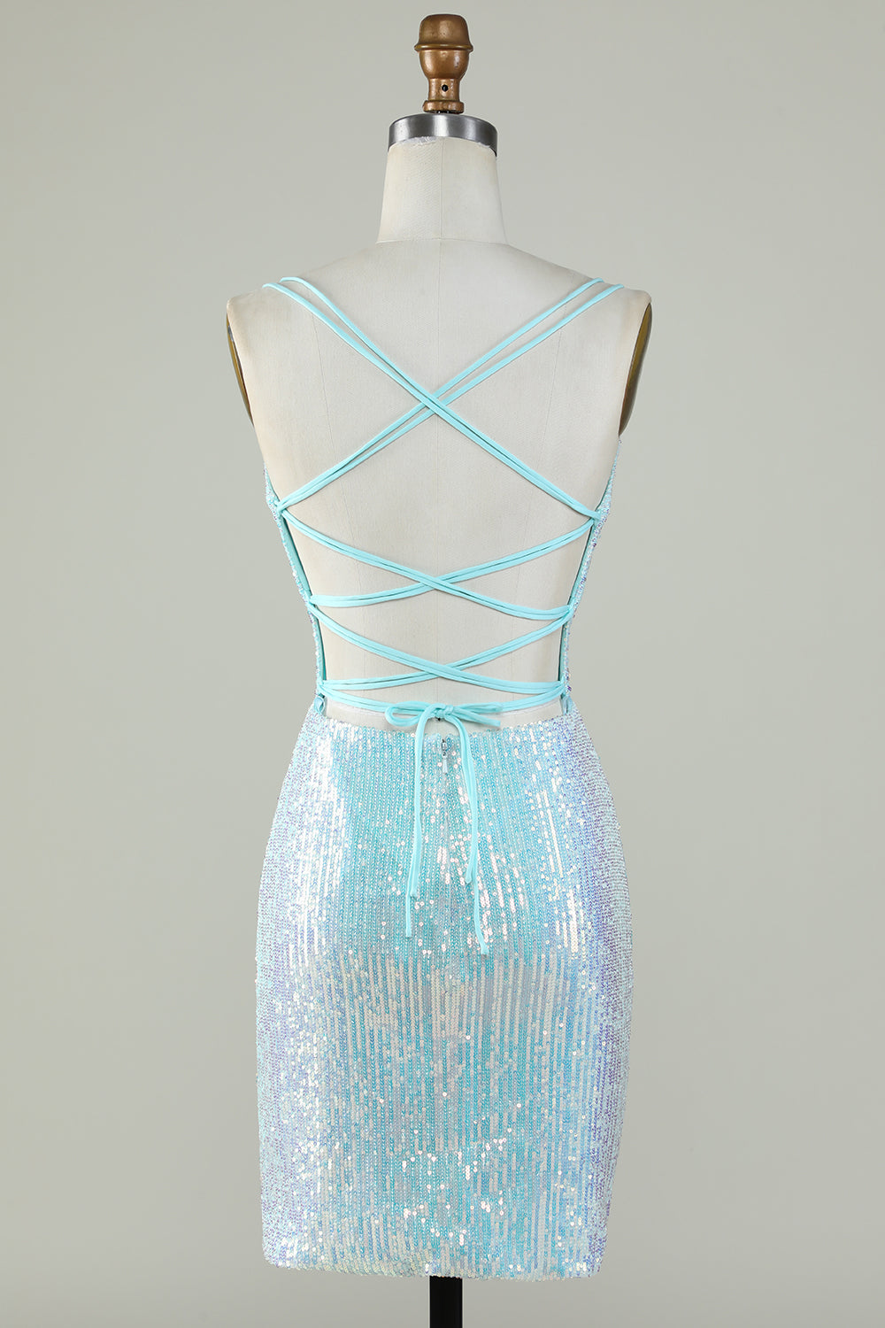 Light Blue Glitter Tight Homecoming Dress with Lace-up Back