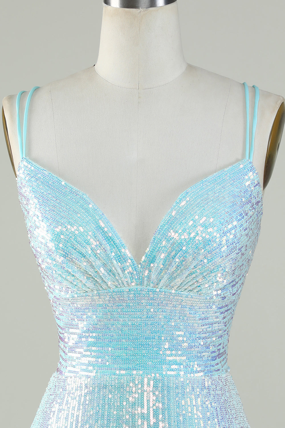 Light Blue Glitter Tight Homecoming Dress with Lace-up Back