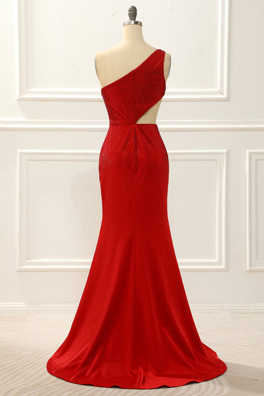 One Shoulder Red Mermaid Prom Dress with Hollow-out