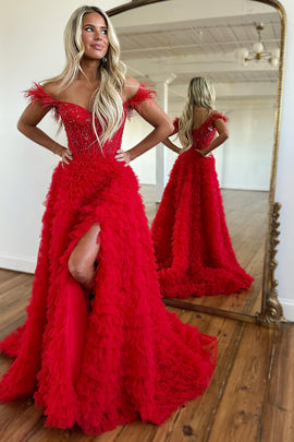 Red Off the Shoulder A-Line Princess Prom Dress