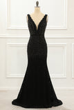 Black Deep V Neck Lace Mermaid Prom Dress with Beading