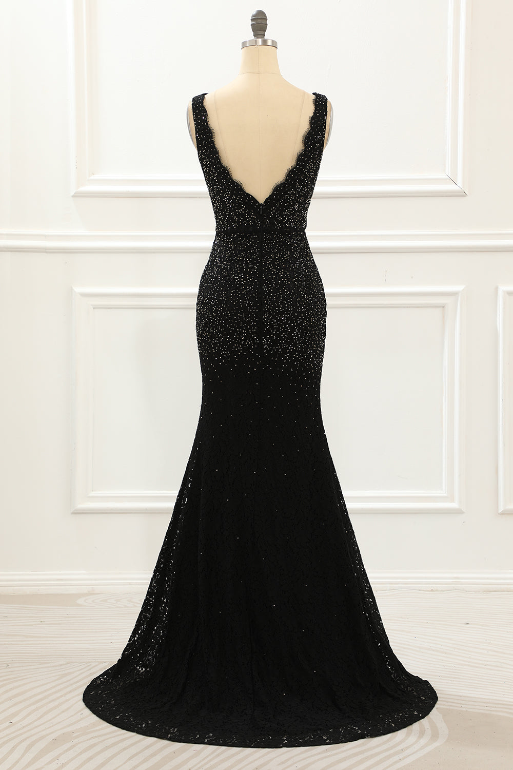 Black Deep V Neck Lace Mermaid Prom Dress with Beading