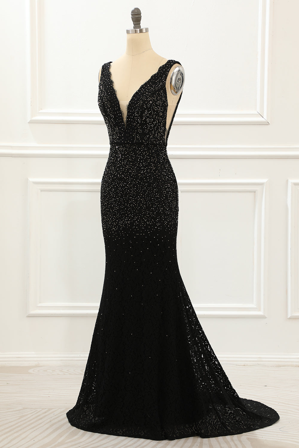 Black Deep V Neck Lace Mermaid Prom Dress with Beading