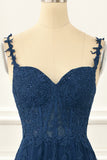 Navy Tulle A Line Corset Prom Dress with Appliques