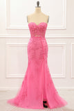 Hot Pink Tulle Lace-up Back Mermaid Prom Dress with Appliques