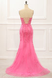 Hot Pink Tulle Lace-up Back Mermaid Prom Dress with Appliques