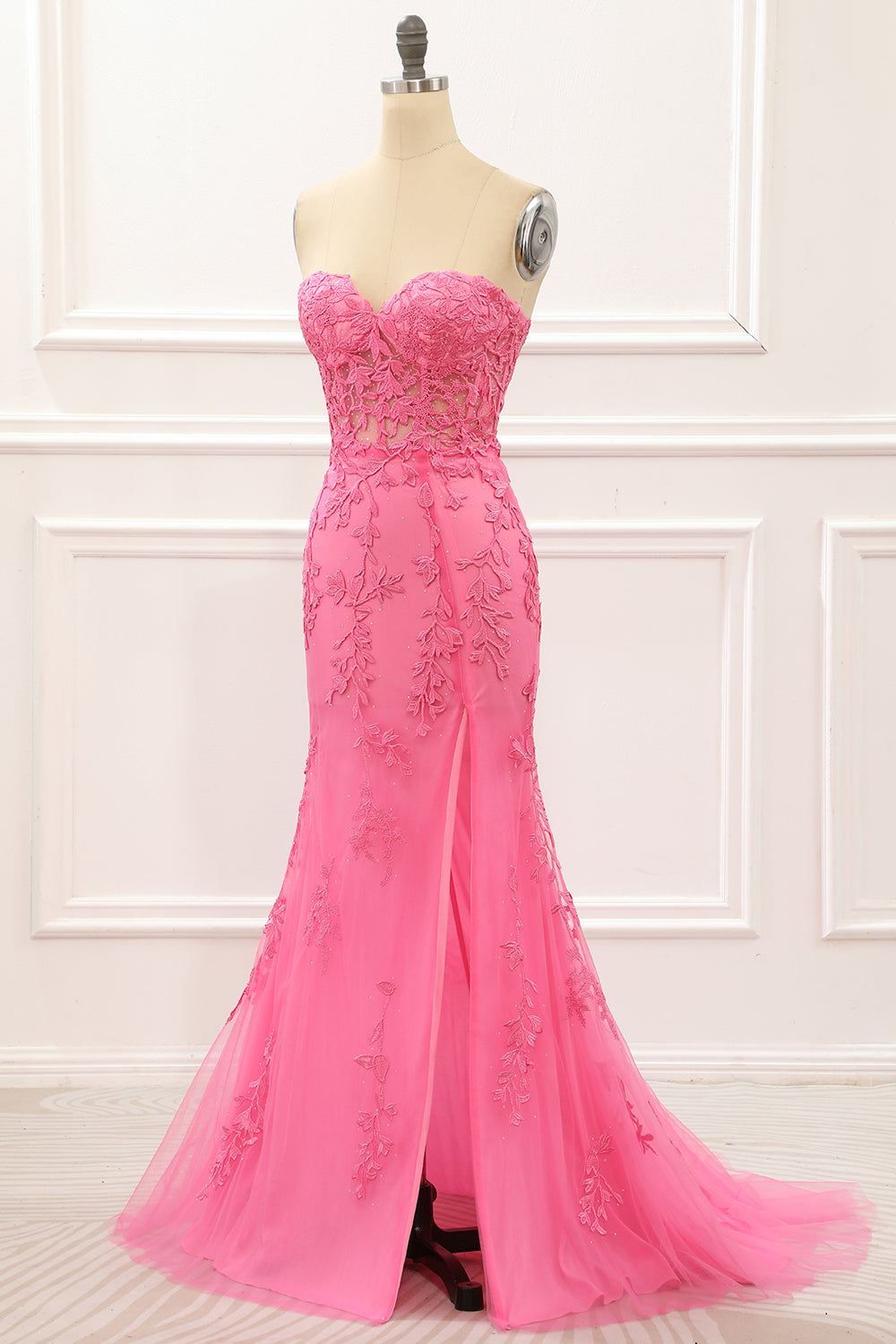 Hot Pink Tulle Lace-up Back Mermaid Prom Dress with Appliques