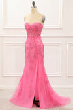 Hot Pink Tulle Lace-up Back Mermaid Prom Dress with Appliques