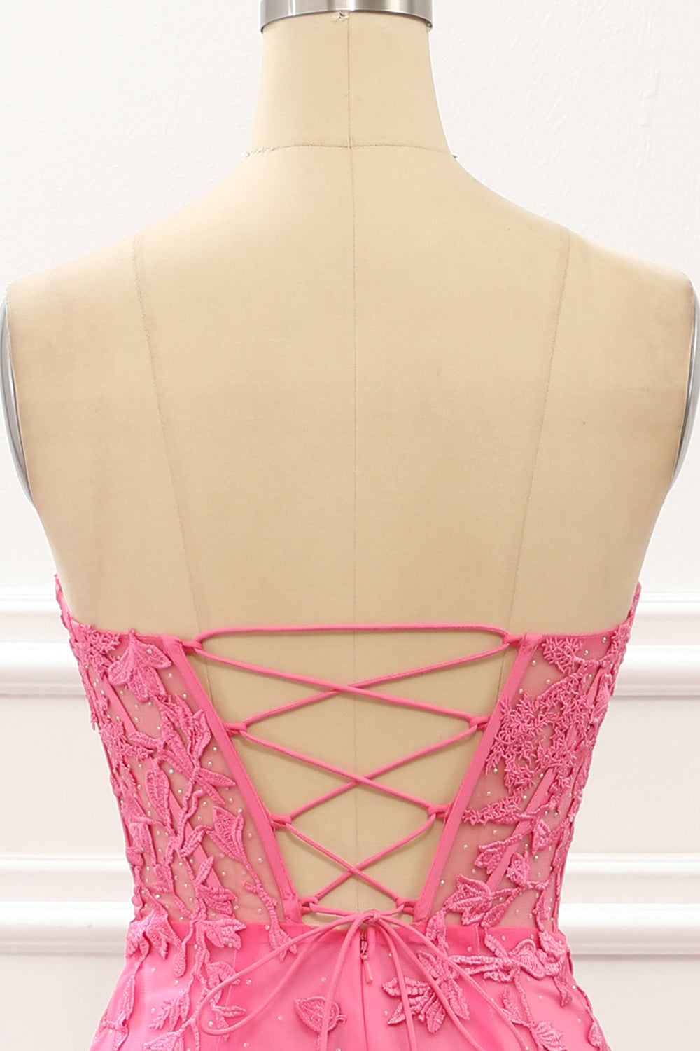 Hot Pink Tulle Lace-up Back Mermaid Prom Dress with Appliques