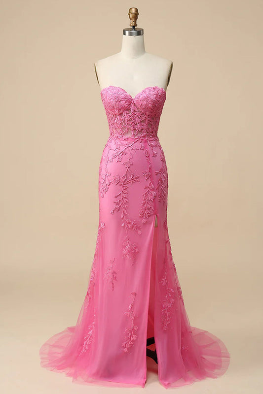 Pink Mermaid Embroidery Sweetheart Tulle Long Prom Dress