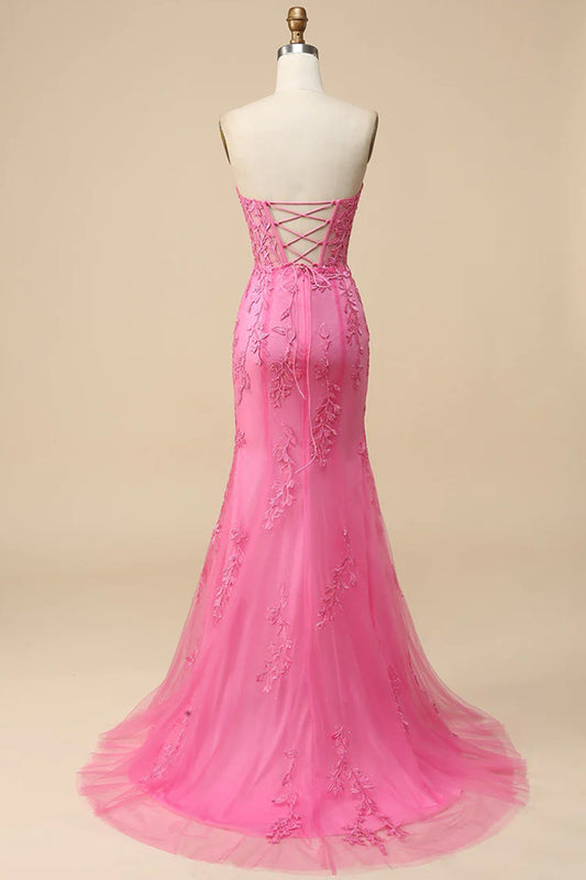 Pink Mermaid Embroidery Sweetheart Tulle Long Prom Dress