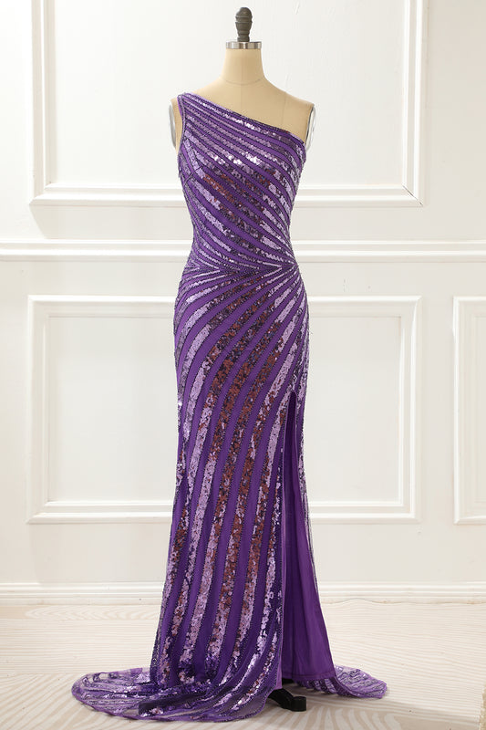 One Shoulder Purple Sequin Prom Dress with Slit