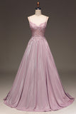 A Line Blush Beaded Spaghetti Straps Prom Dress