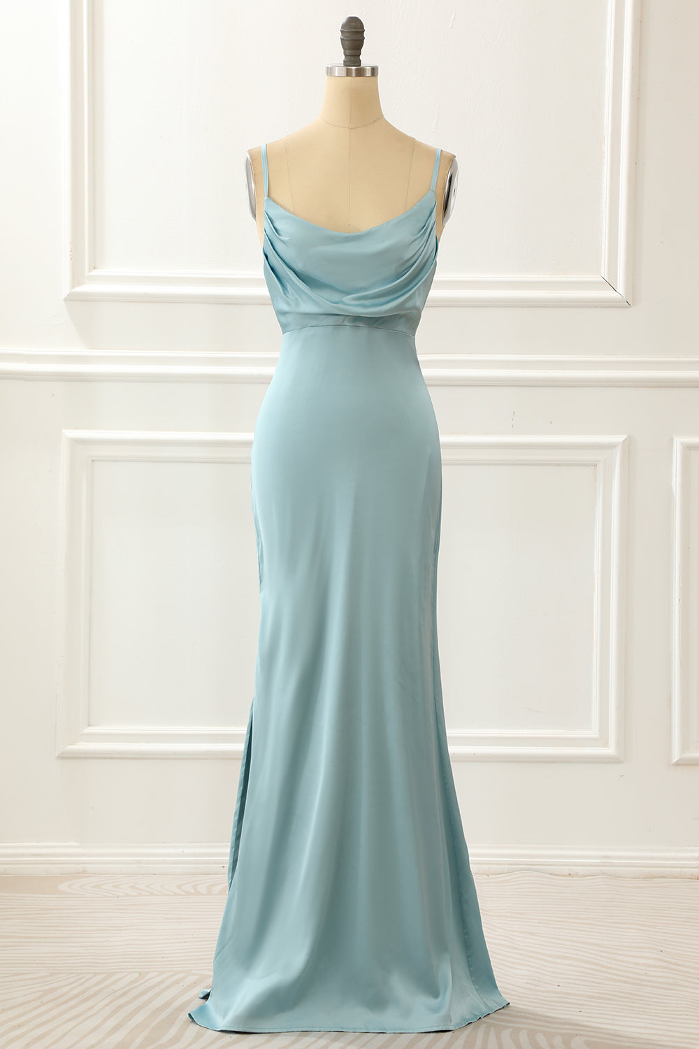 Satin Spaghetti Straps Blue Simple Prom Dress