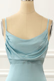 Satin Spaghetti Straps Blue Simple Prom Dress