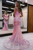 Sparkly Pink Sequin Long Mermaid Corset Prom Dress