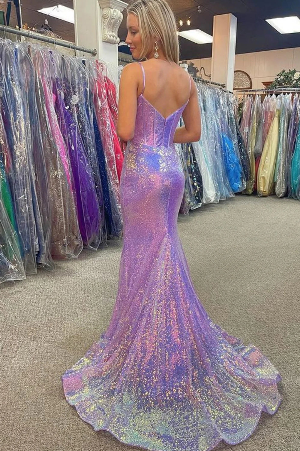 Sparkly Pink Sequin Long Mermaid Corset Prom Dress