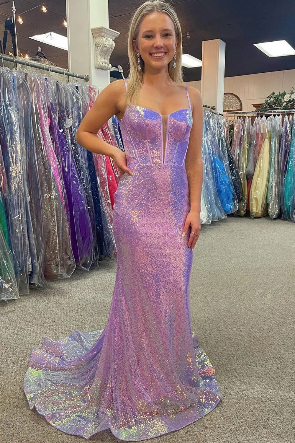 Sparkly Pink Sequin Long Mermaid Corset Prom Dress