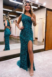 Sparkly Peacock Blue Sequins Mermaid One Shoulder Long Prom Dress