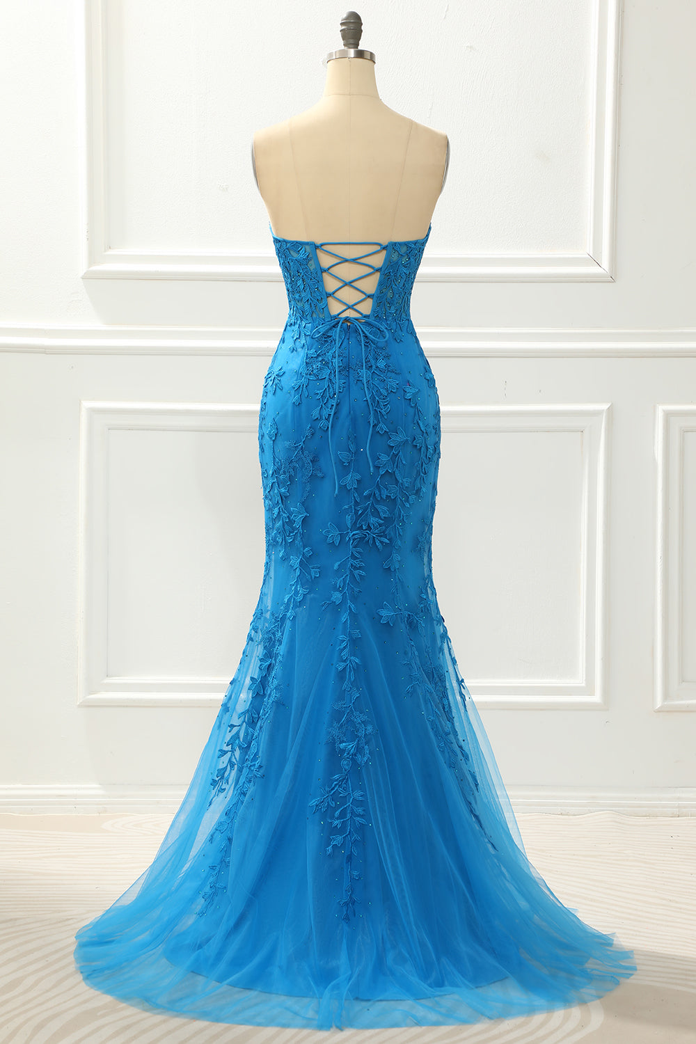 Blue Strapless Mermaid Prom Dress with Appliques