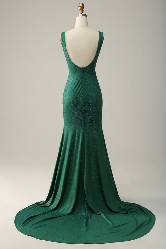 Mermaid Beaded V Neck Green Long Prom Dress