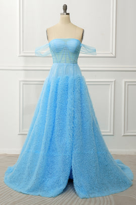 Blue Off the Shoulder A Line Corset Prom Dress with Slit