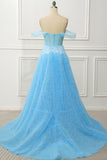 Blue Off the Shoulder A Line Corset Prom Dress with Slit