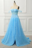 Blue Off the Shoulder A Line Corset Prom Dress with Slit