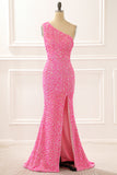 Hot Pink One Shoulder Sparkly Prom Dress