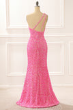 Hot Pink One Shoulder Sparkly Prom Dress