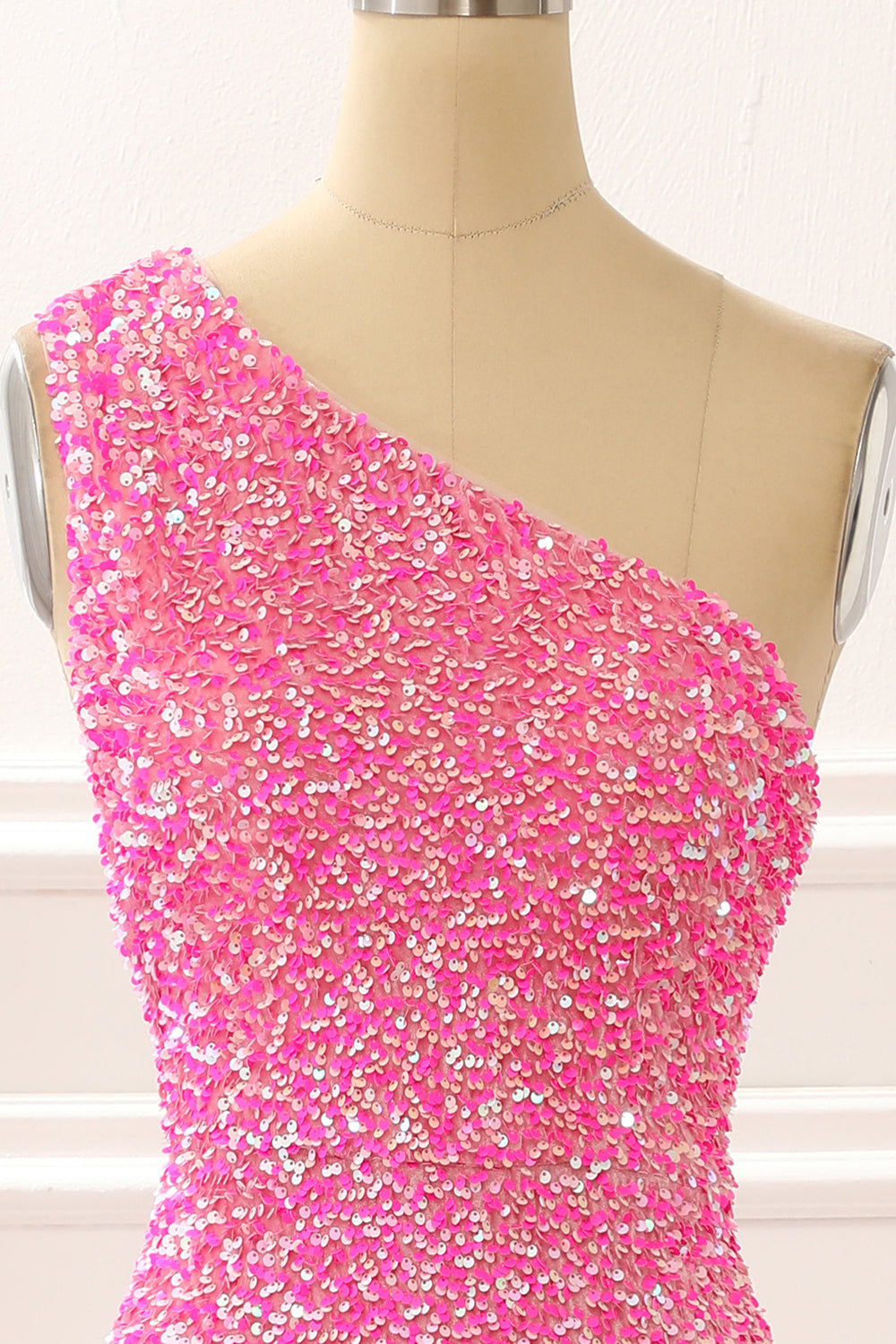 Hot Pink One Shoulder Sparkly Prom Dress