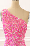 Hot Pink One Shoulder Sparkly Prom Dress