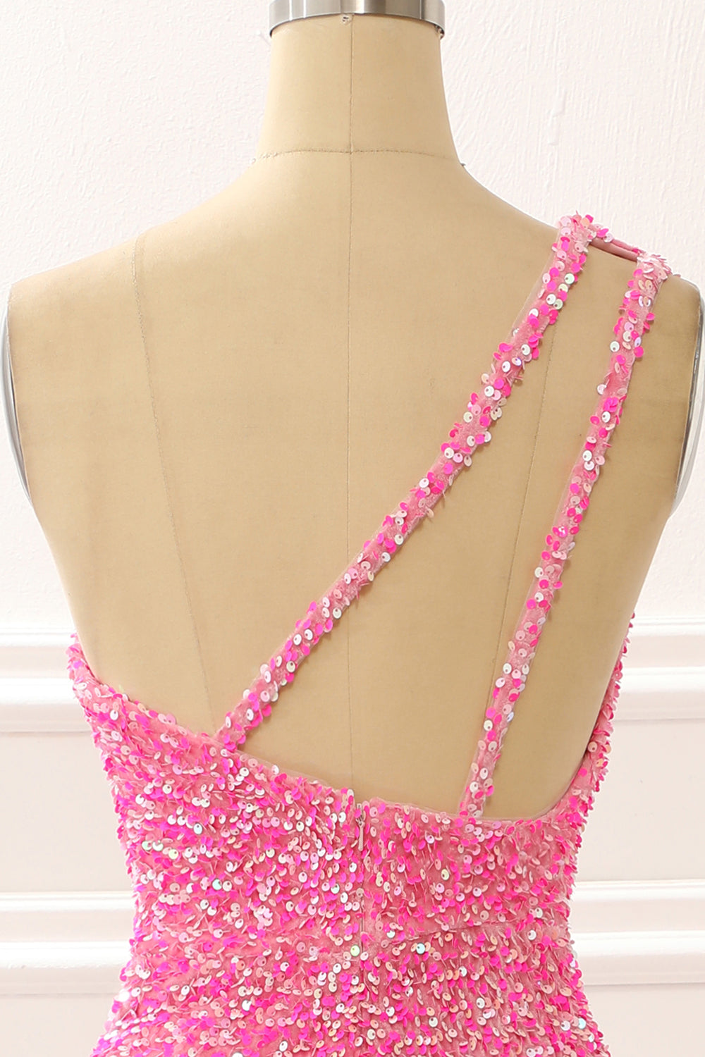 Hot Pink One Shoulder Sparkly Prom Dress