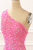 Hot Pink One Shoulder Sparkly Prom Dress