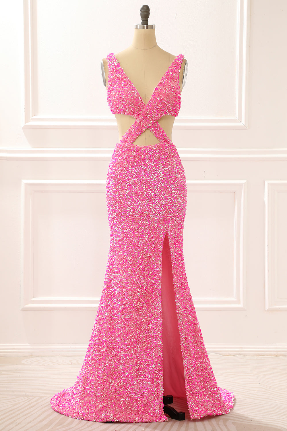 Hot Pink Mermaid Sparkly Prom Dress with Slit