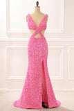 Hot Pink Mermaid Sparkly Prom Dress with Slit