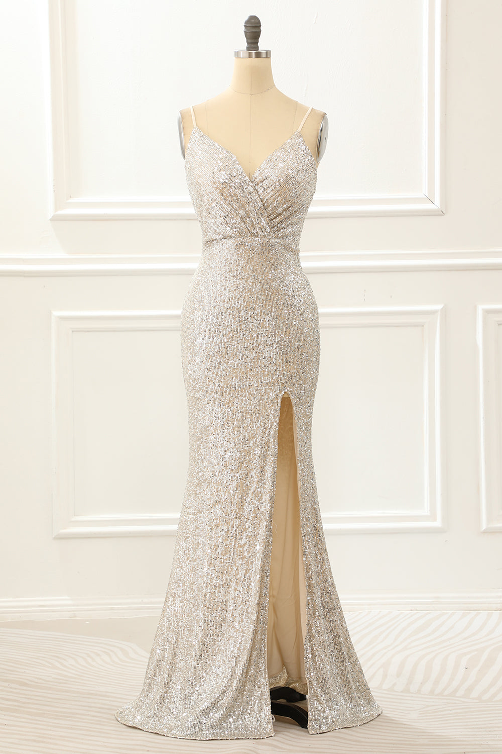 Champagne Mermaid Sequin Prom Dress with Slit