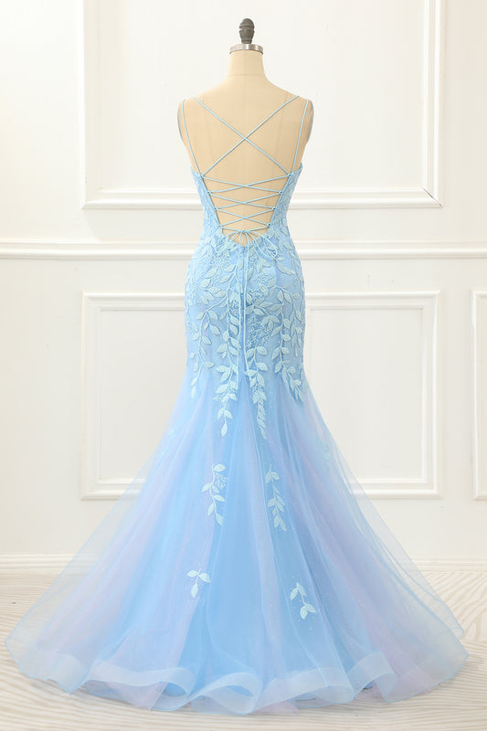 Blue Tulle Lace-up Back Mermaid Prom Dress with Appliques